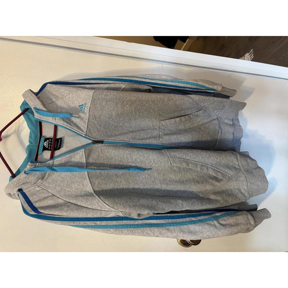 Adidas Essentials Grey Zip-Up Hoodie with Blue Accents